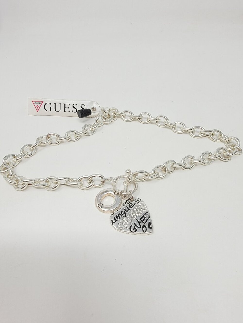 Vintage Guess Silver Tone Heart Charm Toggle Chain Necklace
